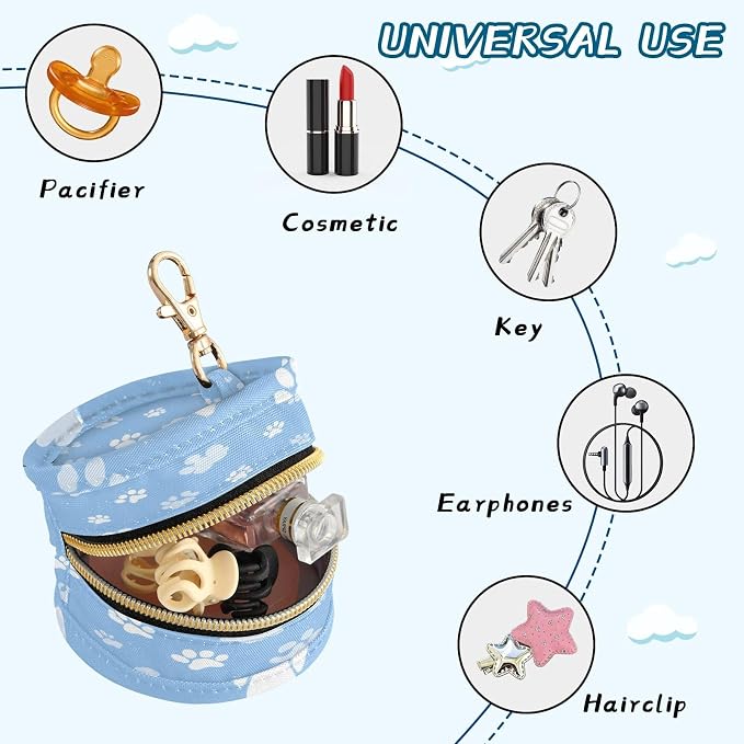 Pacifier Holder with Clip Pacifier Case for Diaper Bag Round Baby Pacifier Pouch Box Bag Portable Bright Blue Paw Prints Clouds