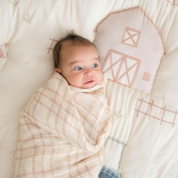 Crane Baby Charlie 2-pc. Farmhouse Tractor Dot Swaddle Set, 100% Cotton Muslin Swaddle Blankets for Newborns, Baby Boy Blanket Neutral, Infant Receiving Blankets for Boys, Rustic Farm Nursery Decor