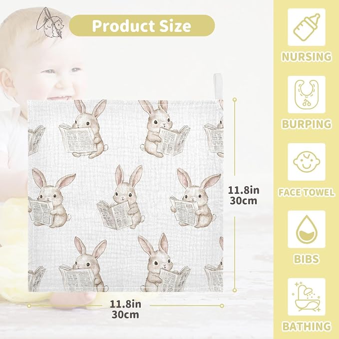 vvfelixl Baby Muslin Washcloths Bunny Reading Newspapers Baby Burp Cloths Cotton Babys Face Towel for Newborn Infants Boys Girls Soft and Absorbent 11.8 X 11.8 in, 3 Pack