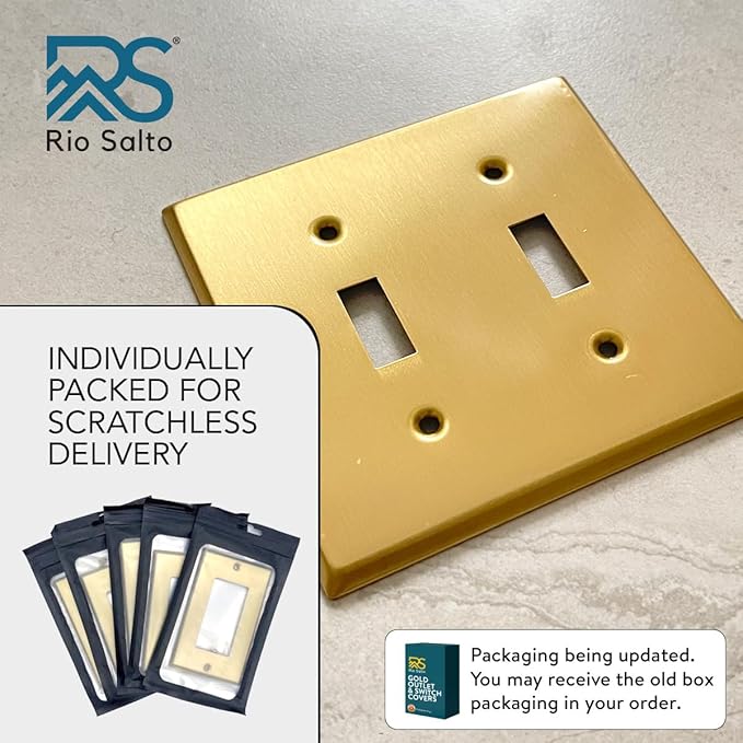 Rio Salto BRASS Double Light Switch Cover Plate Toggle Wall Plate Cover Brushed Brass Gold Metal Outlet Covers Light Switch Plates Switch Cover ??Signature Collection Standard Size 4.50" X 4.56"