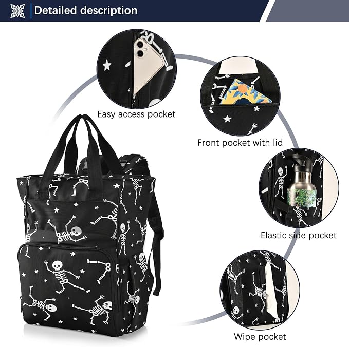 Dancing Skeleton White Diaper Bag Large Cap Unisex Mom Dad
