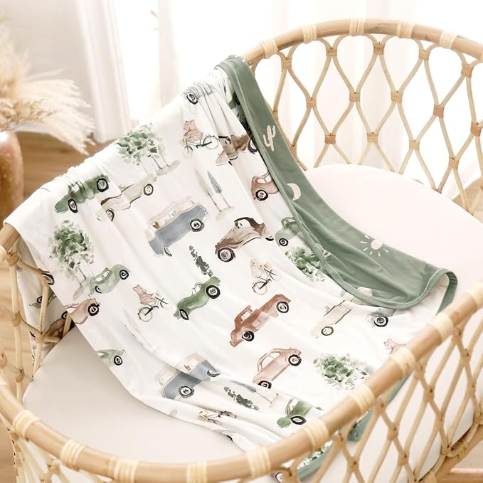 GRSSDER Baby Blankets Super Soft Jersey Knit Swaddle Blanket for Baby Girls and Boys, Double Layer Receiving Blankets 34 x 44 Inches, Extra Large for Baby Swaddling, Stylish Cars Print