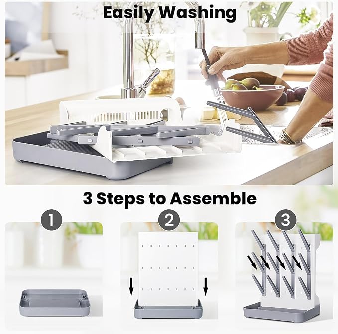 Baby Bottle Drying Rack: Vertical Space Saving Large Bottles Holder - Standing Boon Dryer Rack Baby Accessory - Countertop Holds Up to 12 Bottles & Pump Part Cleaning & Cup (Blue) (Gray)