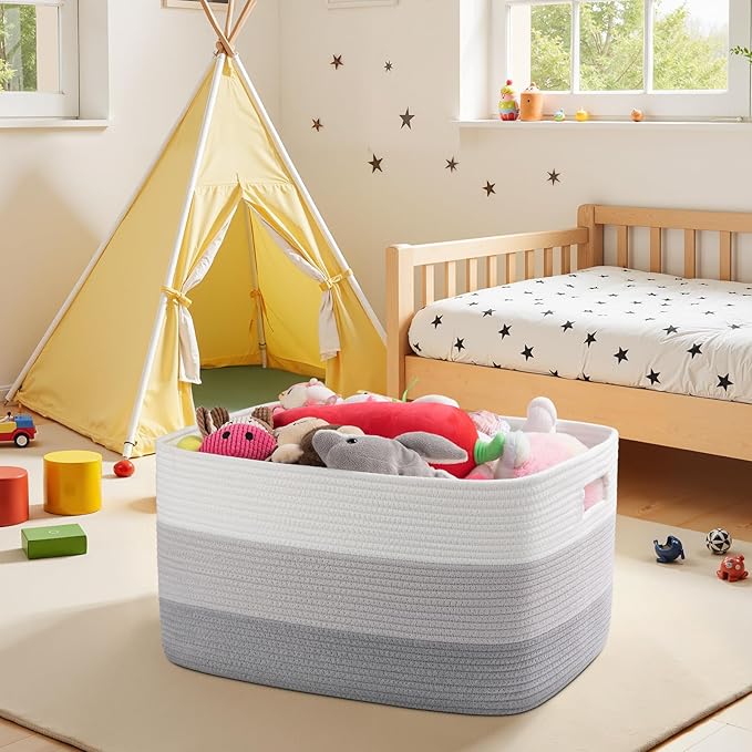 OIAHOMY Large Blanket Basket, 22?�x17?�x12??Rectangle Woven Baskets, Nursery Blanket Storage Living Room, Toy Storage With Handle, Large Baskets for Organizing-Gradient Grey