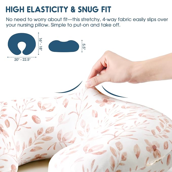 GRSSDER Nursing Pillow Cover, Stretchy Soft Minky Breastfeeding Pillow Slipcover, Fit Most Nursing Support Pillows for Breastfeeding, Comfortable Safe Pillow Cover, Watercolor Pink Flora