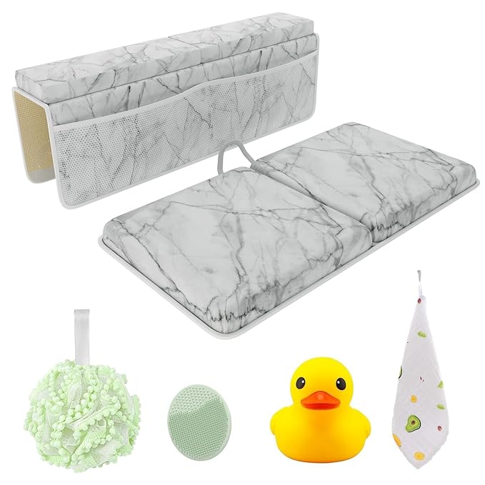 Sleepah Bath Kneeler and Elbow Kneeling Rest Pad Set for Baby Bathing – Waterproof Soft Memory Foam Mat Organizer Babies & Toddler Bathing Time Toys Sponge (Marble)