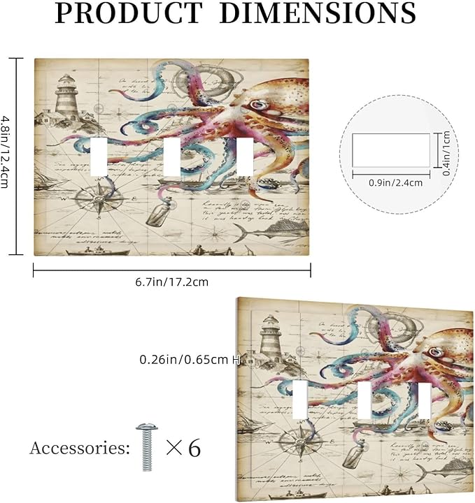 Cool Colorful Nautical Octopus Ocean Kraken Vintage Decorative Switch Plates 3 Gang Wall Plate Triple Toggle Light Switch Cover Faceplate Electrical Wall Panels for Bathroom Farmhouse Decor