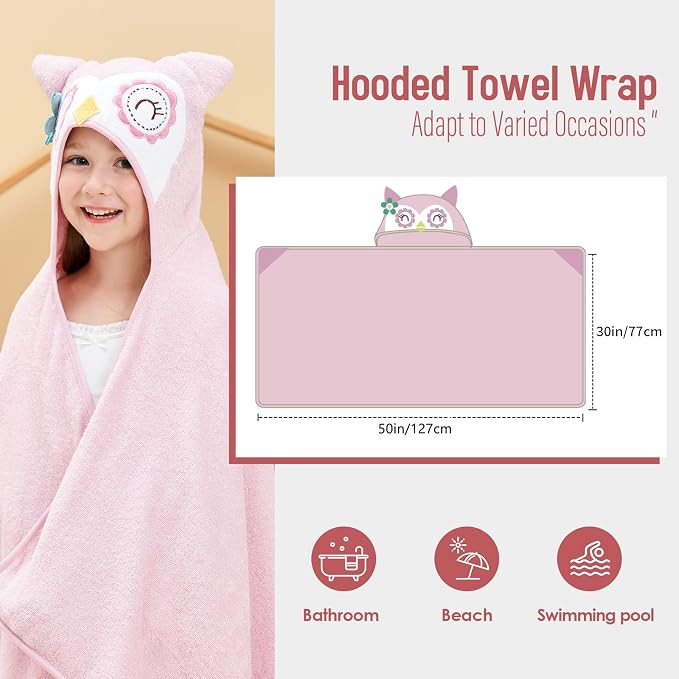 Style Quarters Baby Bath Towel - 100% Cotton Terry Soft Hooded Towel Cartoon Owl Baby Beach Towels Super Absorbent Large Embroidery Kids Hooded Bath Toddler Towel with 50"x30"(Pink Owl)