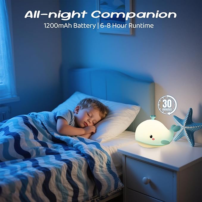 AVEKI Baby Whale Night Light, Soft Silicone Ocean Animal Light for Nursery, 3 Levels Brightness Portable Touch Bedside Lamp, Rechargeable Kid Nightlight Whale Gifts for Ocean Buddies