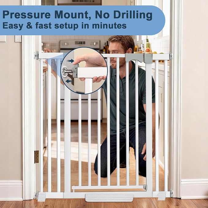 41" Extra Tall Dog/Pet Gate gate for Indoor,Heavy Duty Pressure Mount Baby Gate with Auto-Close & Walk Through,Adjustable Width 30-49.2 Inches, for Stairs, Doorways, Kitchen, White
