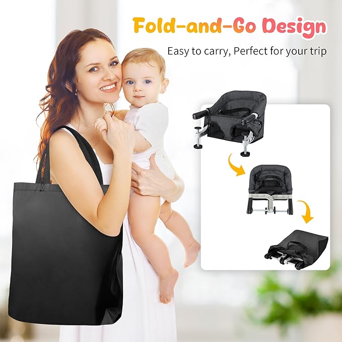 Hook On High Chair for Babies 6-36 Months | Secure & Portable Foldable Travel High Chair | Clip On Baby Feeding Seat with Non-Slip Aluminum Clamp, Detachable Washable Cover & Carry Bag (Black)