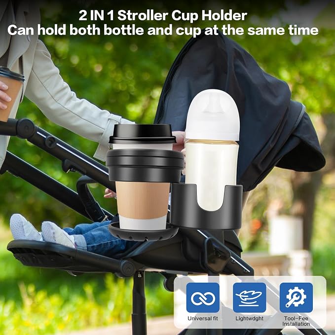 Universal Stroller Cup Holder, 360° Rotation cupholder for Stroller, 2-in-1 Prams Cup Holder with Mega Strength Adjustable Clamp, Fits Most Cups