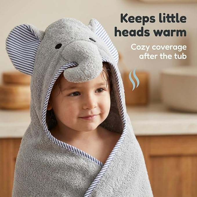 EVERYDAY KIDS Hooded Baby Toddler Bath Towel for Boys and Girls - 3D Gray Elephant with Ears and Trunk; Soft and Absorbent Terry Cloth Hooded Towel for Young Kids; Gender Neutral Baby Bath Essential