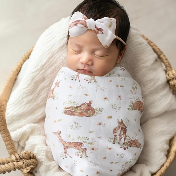 LifeTree Baby Muslin Swaddle Blankets for Boys & Girls, Newborn Swaddle Set with Matching Headband Bow, Infant Blanket Wrap, 47 x 47 inches, Deer, 70% Viscose from Bamboo and 30% Cotton