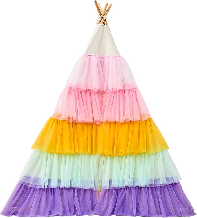 Hallo Deer Teepee Tent for Kids, Toddler Teepee with Star Lights & Rainbow Tulle, Girls Princess Play Tent, Foldable Kids Teepee Tent for Inside Playhouse Kid Toy Gift