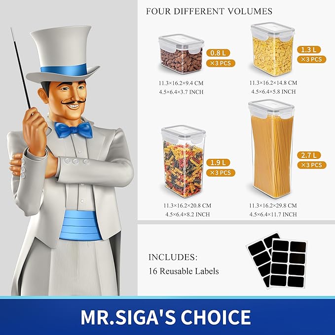 MR.SIGA 12 Pack Airtight Food Storage Container Set, BPA Free Kitchen Pantry Organization, Kitchen Canisters for Cereal, Spaghetti, includes 16 Reusable Sticker Labels
