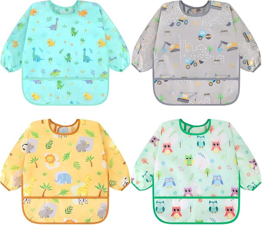Accmor 4 Pack Long Sleeve Bibs, Baby Smock Waterproof Sleeved Bib Smock for Baby Toddler 6-36 Months