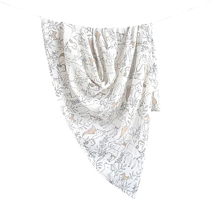Crane Baby 100% Cotton Muslin Swaddle Blankets, Ezra Woodland Animal, Baby Swaddle Blanket, Set of 2, 47" x 47", Swaddles for Newborns, Baby Muslin Swaddle Blanket, Swaddle Blankets for Boys & Girls