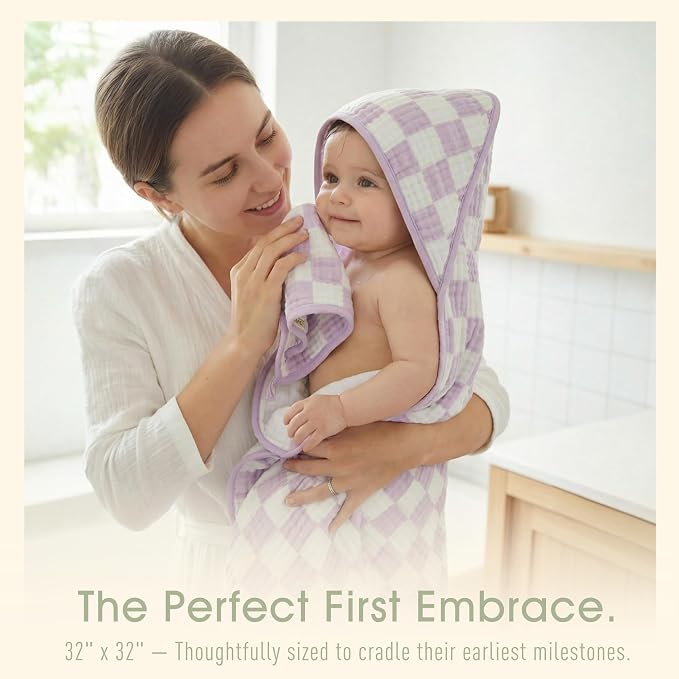 4-Piece Muslin Baby Towel Set - Made with Organic Cotton, (2) 6-Layer Bath Towels 32x32 & (2) Washcloths, Absorbent Bath & Beach, (Lavender)