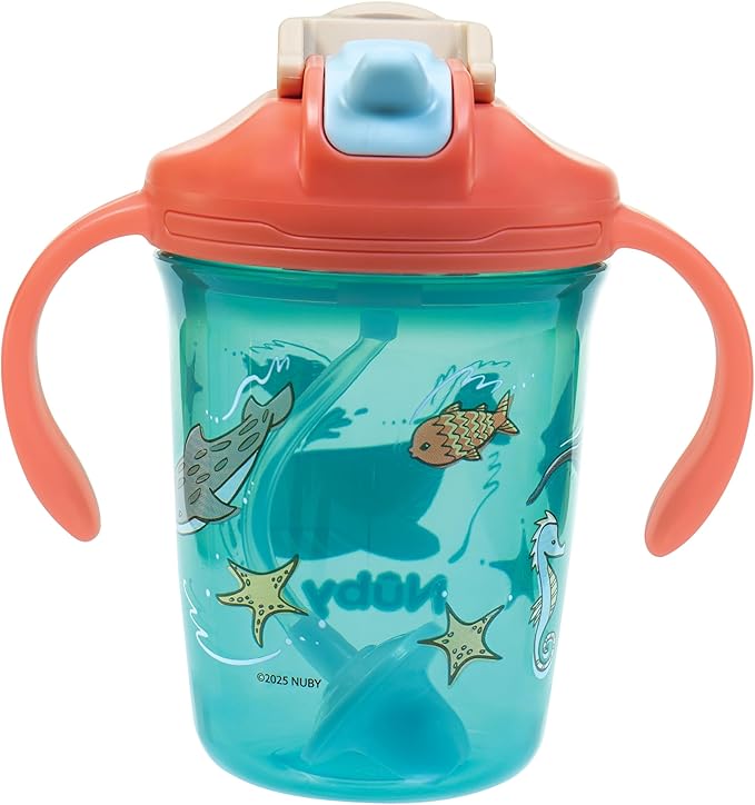 Nuby 2-in-1 Toddler Cup with 360° Weighted Straw & Hard Spout - (2 Pack) 8 oz - Leak-Resistant & Easy Grip Handles - Dishwasher Safe - Jungle/Ocean