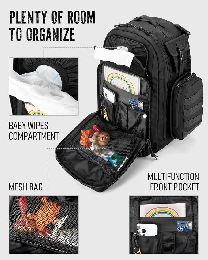 Dinictis Dad Diaper Bag, Mens Diaper Bag Backpack with Diaper Changing Mat, Military Diaper Backpack with Molle Webbing, Waterproof Pouch, Baby Wipes pocket, Insulated Bottle Pockets- Tropical Black