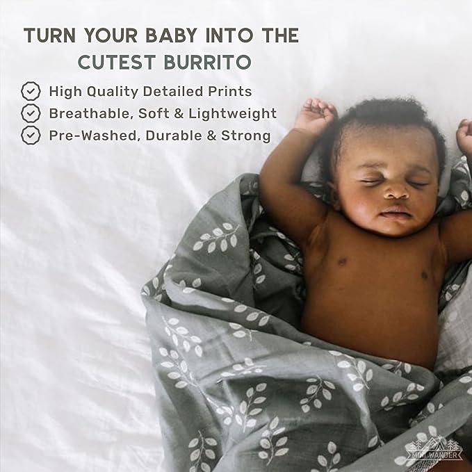 Mini Wander Swaddles for Newborns Muslin Swaddle Blankets - Breathable Soft Gender Neutral Receiving Blanket Baby Essentials | 47 x 47 Cotton - (Leaves Storm Blue)