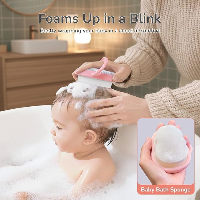3-in-1 Baby Cradle Cap Brush kit, Soft Baby Brush, Curved Comb & Bath Sponge | BPA-Free Cradle Cap Treatment Set for Newborns, Infants Dry Skin Flakes Removal, Pink
