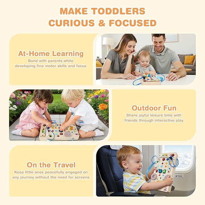 Montessori Wooden Busy Board with LED Light Up Switches & Music and Spinning Top, Toddler Sensory Educational Fidget Board, for 1+ Year Old Baby and Toddler