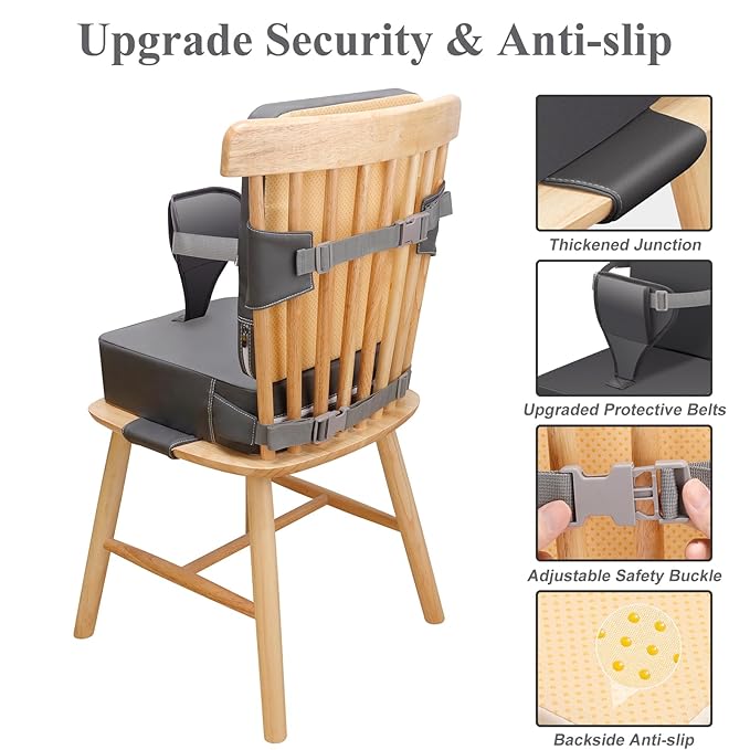 Toddler Booster Seat for Dining Table, Non-Slip Kitchen Chair Booster Seat with Backrest and Adjustable Straps, Portable PU Waterproof Travel Baby Booster Increasing Cushion