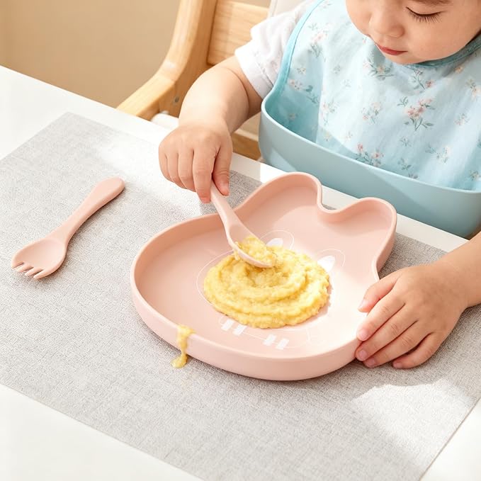 BabyX Baby Silicone Feeder Set, 3-pcs Home Critter-themed Baby Plate with Suction, Spoon and Fork for Babies Toddler Kids, BPA-Free, Baby Utensils Feeding Supplies, Microwave and Dishwasher Safe