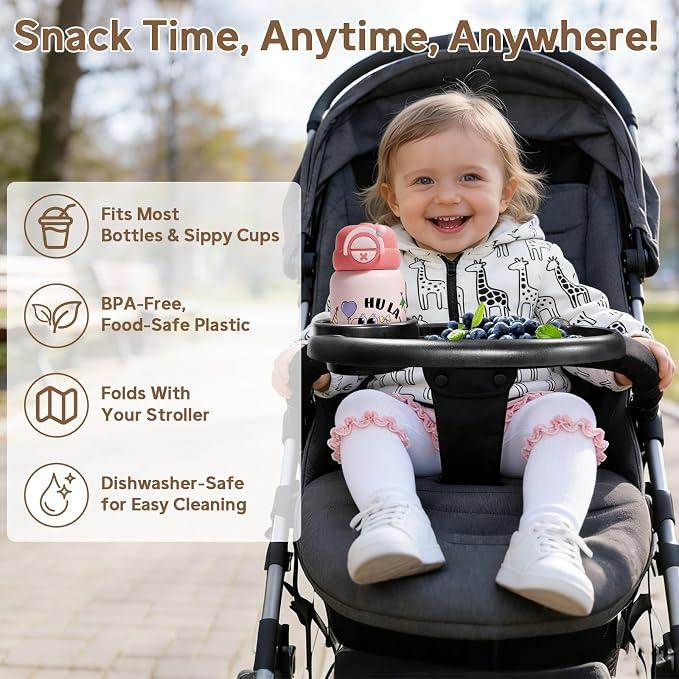 Universal Stroller Snack Tray with Cup Holder and Phone Holder, 3-in-1 Baby Stroller Tray with Secure Non-Slip Secure Clamp, Fits Most Strollers & Wagons, Toddler Snacking On The Go