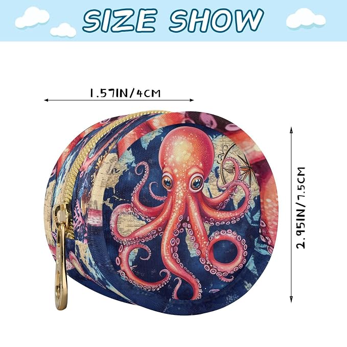 Pacifier Holder with Clip Pacifier Case for Diaper Bag Round Baby Pacifier Pouch Box Bag Portable Blue World Map and Octopus