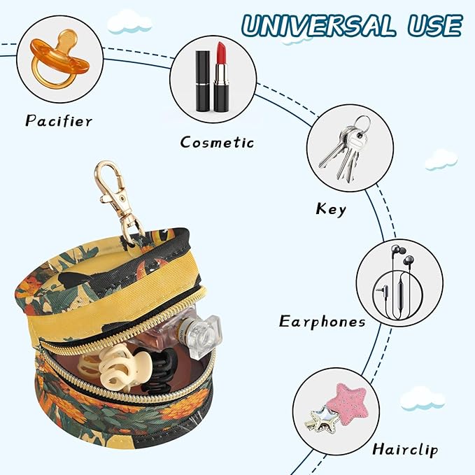 Pacifier Holder with Clip Pacifier Case for Diaper Bag Round Baby Pacifier Pouch Box Bag Portable Orange Flower Black Cat