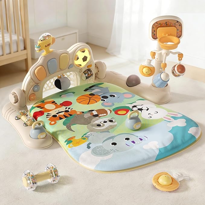 Stactcute 3-in-1 Baby Gym & Play Mat with Musical Piano, Activity Center with Sensory Toys & Rattles for Tummy Time,Early Development Baby Gift for Newborns 0-3 6-12 Months (Khaki）