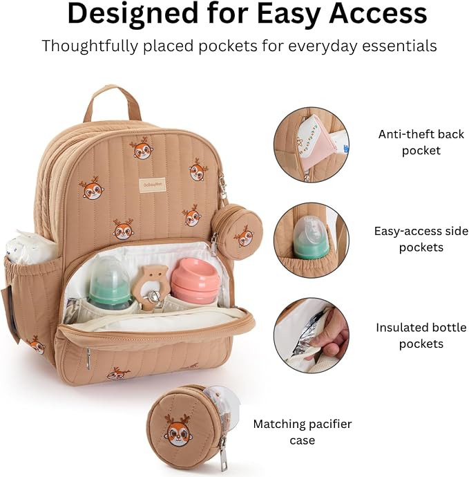 GOBABYMART Large Diaper Bag Backpack with Changing Pad, Insulated Bottle Pockets, Travel & Hospital Bag for Mom & Dad (Large - Brown Deer)