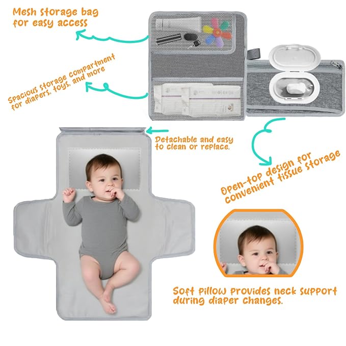 Portable Diaper Changing Pad for Baby - Waterproof Travel Changing Mat with Wipe Dispenser Pocket & Stroller Straps | Baby Registry Must Haves, Newborn Essentials & Baby Gift for Girls and Boys (Grey)