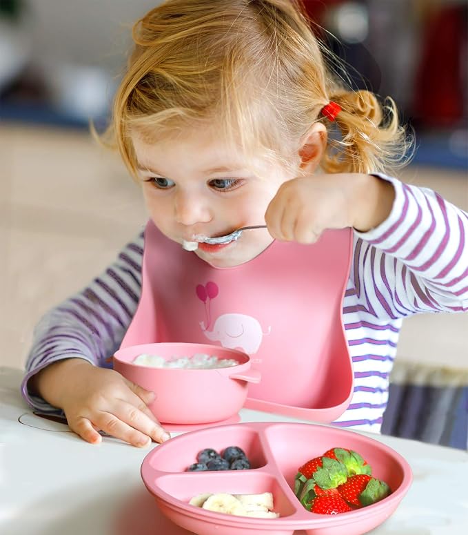 2-Pack Waterproof Silicone Baby Bib Lightweight Comfortable Easy-Wipe Clean (Purple/Light Pink, Large)