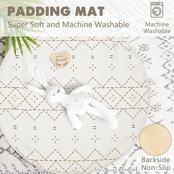 Little Dove Tummy Time Mat with 6 Toys, Macrame Baby Play Mat for Newborn, Baby Gym with 12 Milestone Cards, Stage-Based Sensory and Motor Skill Development Baby Play Gym, Non Slip Mat Washable, Khaki