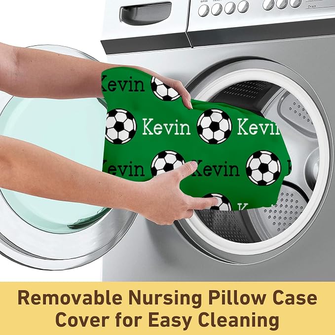 Baby Nursing Pillow Cover - Personalized Name Green Soccer Theme Breastfeeding U-Shaped for Bottle Feeding, Ultra Soft Comfortable Breastfeeding Pillow Cover for Infant Baby Boys and Girls