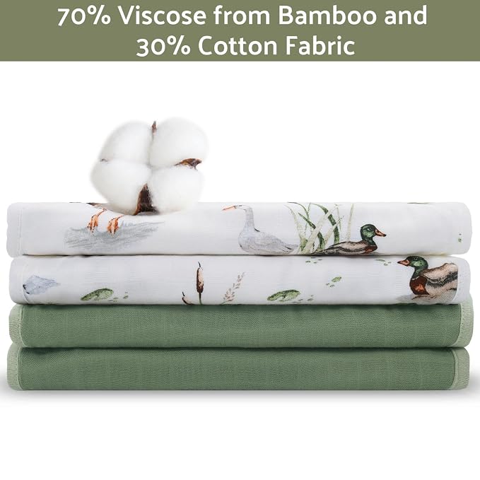 LifeTree Muslin Baby Burp Cloths - 2 Pack 70% Viscose from Bamboo and 30% Cotton Large 22'' by 10.6'' Absorbent Milk Spit Up Rags - Burping Cloths for Newborn, Girls Boys, MallardDuck & Olive