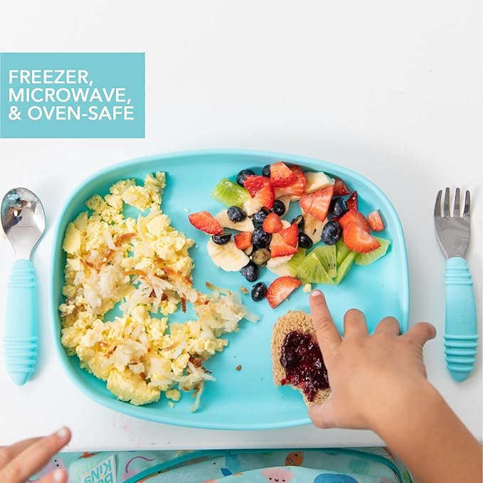 Bumkins Toddler and Baby Suction Plate, Silicone Grip Dish Large Tray for Big Kids, Fits Most Highchairs, Essential Children Feeding Supplies, Non Skid Sticky Bottom, Platinum Silicone, Blue
