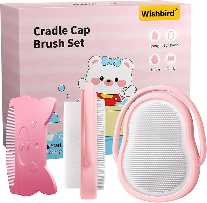 3-in-1 Baby Cradle Cap Brush kit, Soft Baby Brush, Curved Comb & Bath Sponge | BPA-Free Cradle Cap Treatment Set for Newborns, Infants Dry Skin Flakes Removal, Pink