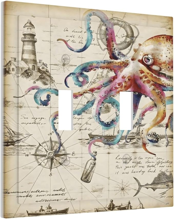 Cool Colorful Nautical Octopus Ocean Kraken Vintage Decorative Switch Plates 2 Gang Double Toggle Outlet Light Switch Cover Wall Plate Electrical Faceplate for Bathroom Farmhouse Decor