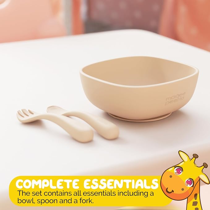 Silicone Baby Feeding Set with suction bowls for baby baby utensils 6-12 months in Beige color - (3 Piece Set) made with Baby Safe Silicone bowls for baby