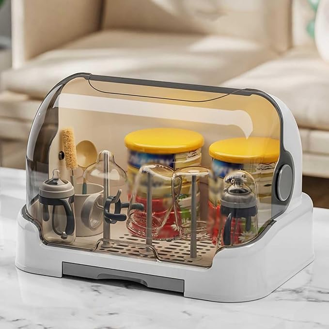Baby Bottle Drying Rack with Lid Baby Bottle Storage with Removable Drain Tray Space Saving Baby Bottle Rack Dryer Reusable Bottle Rack Holder for Baby (F, 40 * 29 * 27CM)