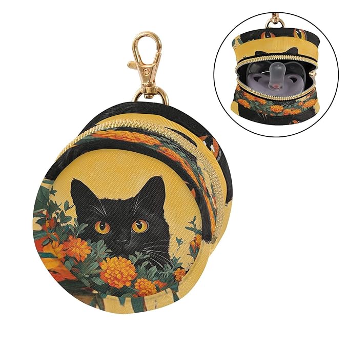 Pacifier Holder with Clip Pacifier Case for Diaper Bag Round Baby Pacifier Pouch Box Bag Portable Orange Flower Black Cat