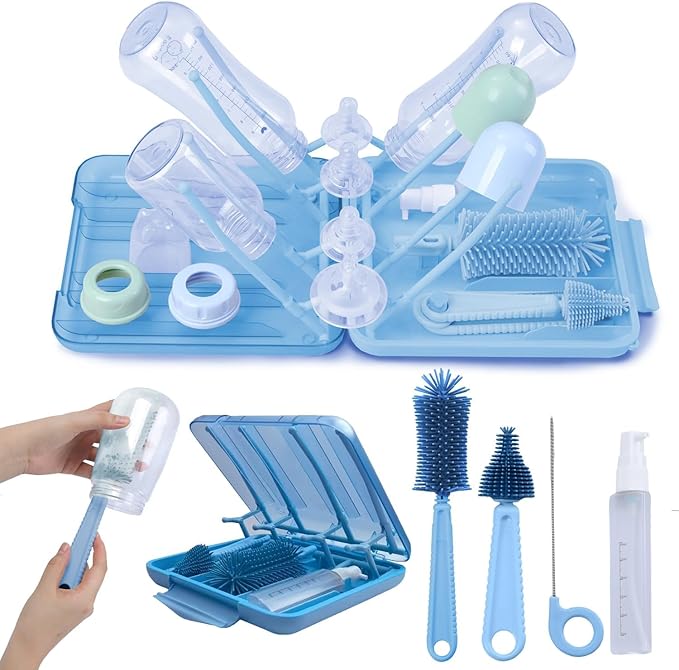 6 in 1 Baby Bottle Brush Cleaner with Silicone Brushes - Premium food-grade silicone, Dishwasher Safe & Heat Safe - Travel Friendly Portable Baby Bottle cleaner Kit - Blue