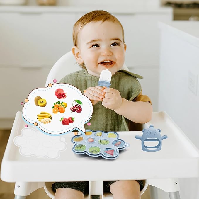 Silicone Baby Feeding Set, 14 Pcs Baby Led Weaning Supplies, Baby Spoons & Forks Suction Bowl Divided Plate Bib Cup, First Stage Solid Food Eating Utensils - 6+ Months (Blue)