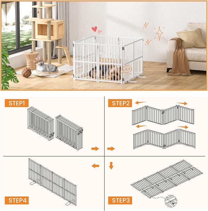 Snughome Dog Gate Indoor, 23.62" H Freestanding Short Dog Door Gates with Support Feet, Expands Up to 63.78’’ Wide Foldable Pet Gates for Doorways, 4 Panel Folding Pet Door Pet Fence for Puppy, White
