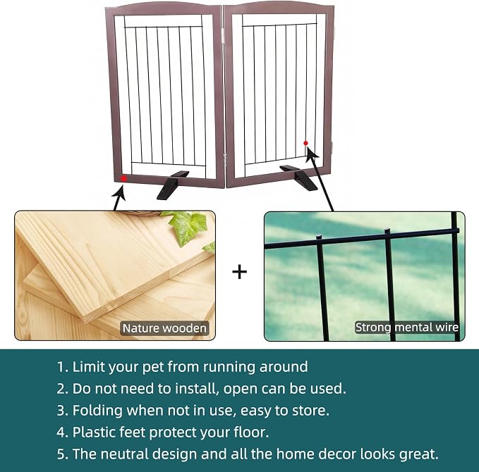 Dog Fence Indoor,Dog Gate Indoor for Doorway pet gate -2-Panel Freestanding, Hallways, House or Stairs -40x32-Inch Retractable Foldable Expandable Wood Pet by SFJC (Brown) ﻿